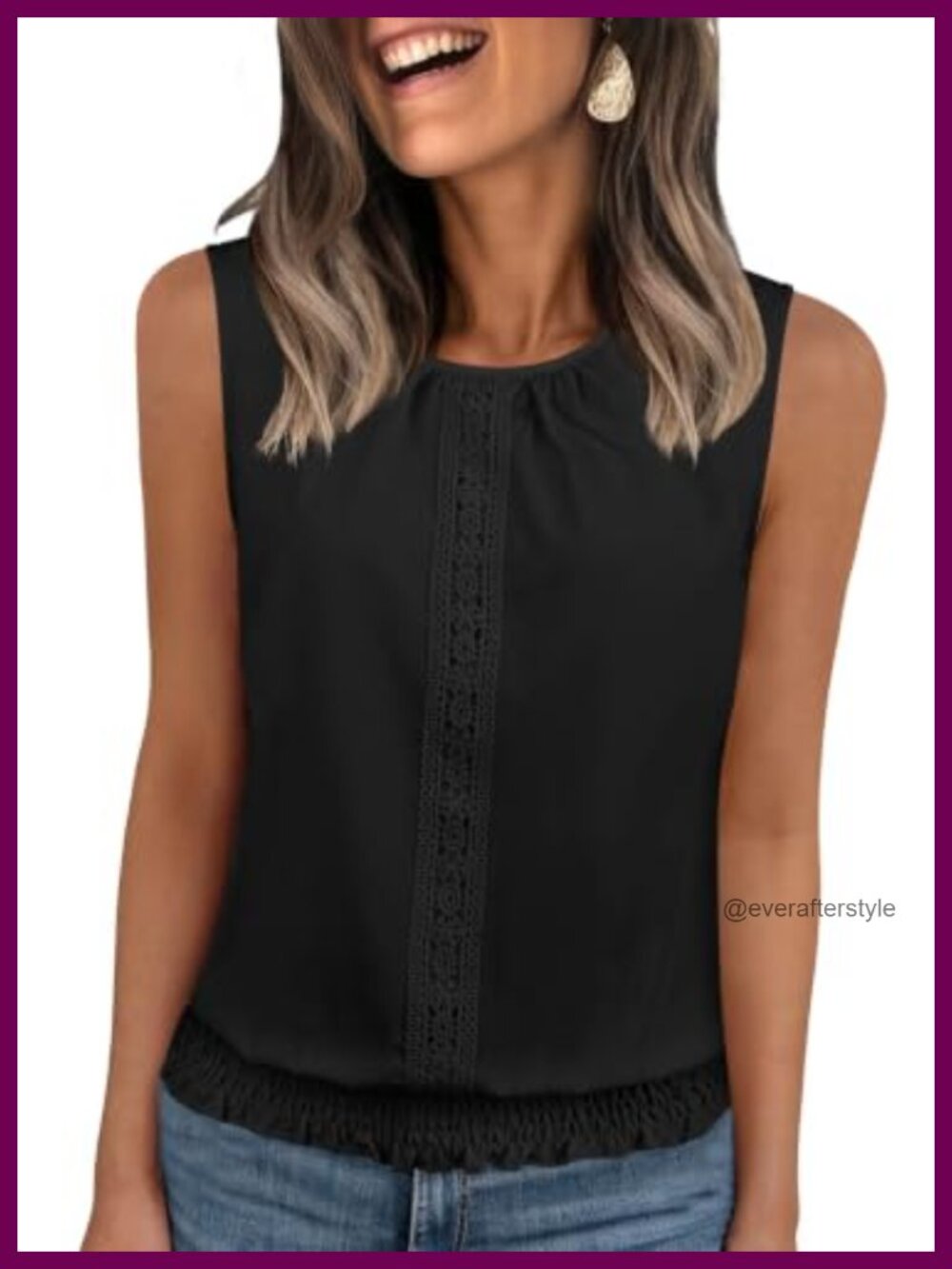 Falechay Women's Sleeveless Summer Tank Top Pleated Crochet Lace Smocked Hem